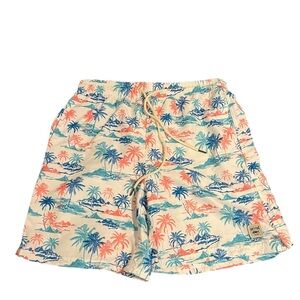 Spicy Tuna Men’s Swim Trunks White with Colorful Palm Tree Design Large EUC